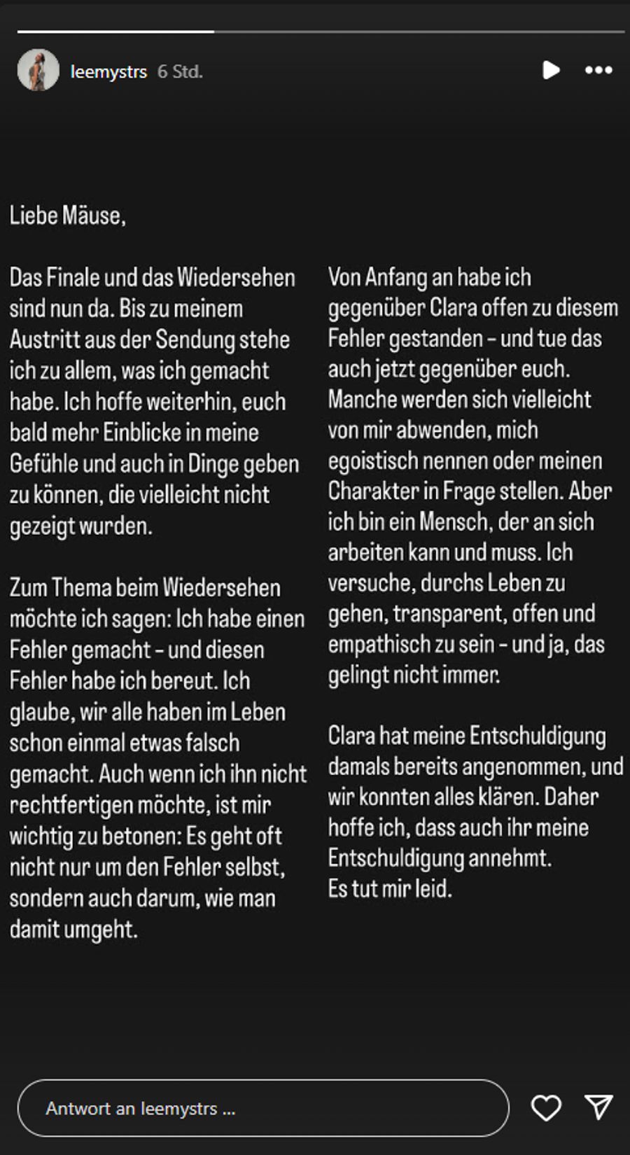 Die 30-Jährige gesteht Reue und erklärt, sich bei Finalistin Clara entschuldigt zu haben.