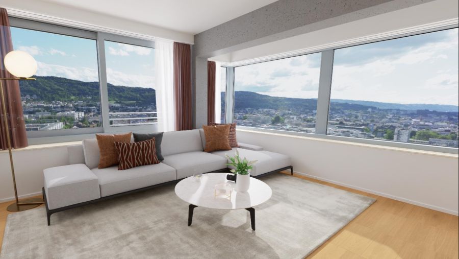 Ein Blick aus dem Wohnzimmer-Fenster der 3,5-Zimmer-Wohnung. Aktuell sind online Besichtigungen möglich.