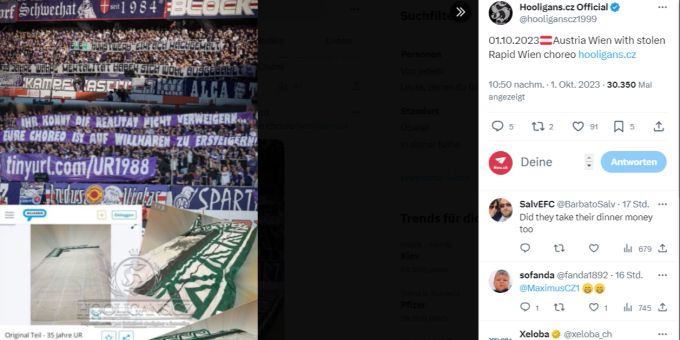 Die Anhänger der Wiener Austria klauten eine Fahne von Rapid-Ultras und versteigerten sie im Internet. austria