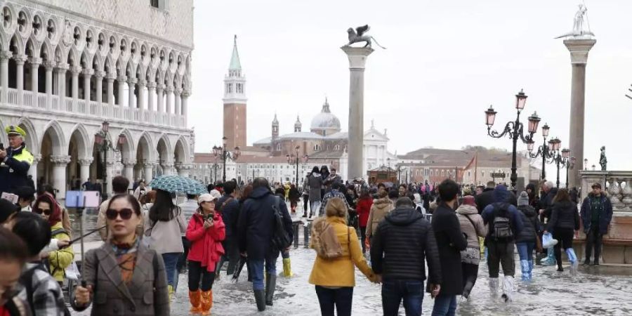 Touristen laufen auf dem überfluteten Markusplatz durch das Wasser. Foto: Andrea Gilardi/LaPresse via ZUMA Press/dpa