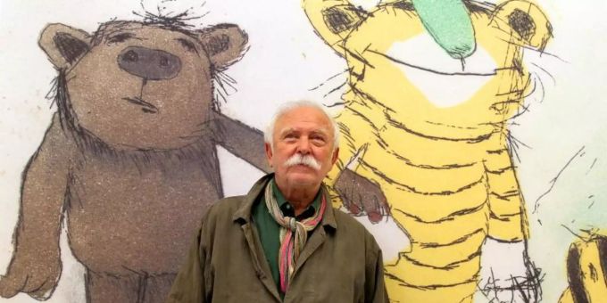 Der Illustrator und Geschichtenerzähler Janosch steht vor seinem Bild «Der Tiger mit grüner Nase». Foto: Roland Weihrauch/dpa Der Illustrator und Geschichtenerzähler Janosch steht vor seinem Bild «Der Tiger mit grüner Nase». Foto: Roland Weihrauch/dpa