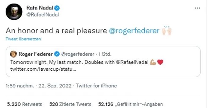 Rafael Nadal freut sich via Twitter auf das Doppel. Rafael Nadal Roger Federer