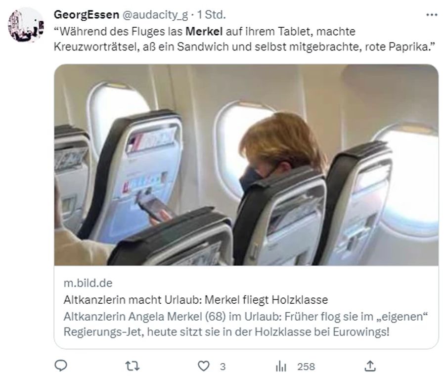 Angela Merkel wurde mit ihren Ehemann in einem Flugzeug in der Holzklasse gesichtet.