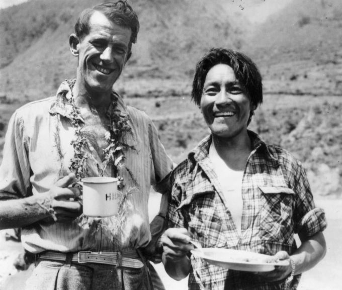 Hillary and Norgay drink tea in Kathmandu on June 20, 1953, after climbing Mt. Everest, pictured in 1953. mount everest erstbesteigung