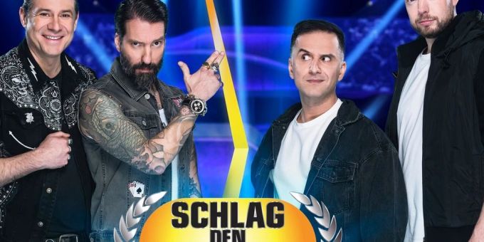 Die Duellanten Sascha Vollmer und Alec Völkel von The BossHoss mit den Comedians Özcan Cosar und Bastian Bielendorfer (v.l.n.r.). schlag den star