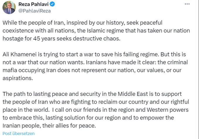 Das schreibt Reza Pahlavi auf X. Iran