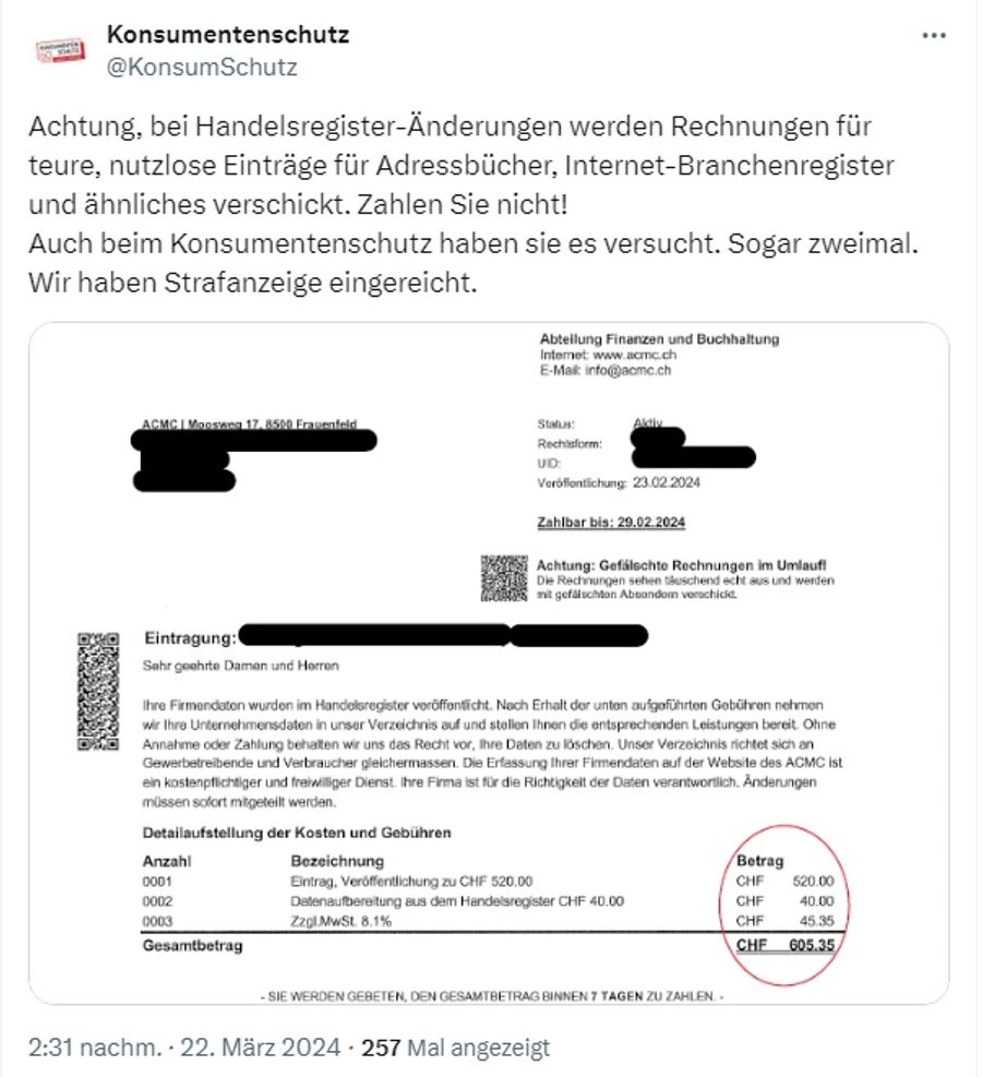 Die Rechnung stammt von einer Firma, die beim Konsumentenschutz gelistet ist.