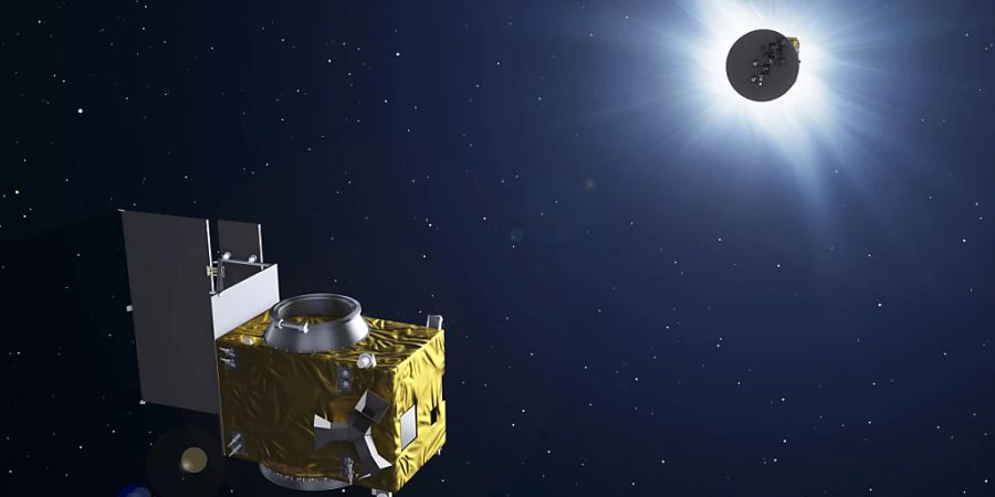 Einer der zwei Satelliten wird - analog zum Mond bei einer natürlichen Sonnenfinsternis - die Sonne abdecken.