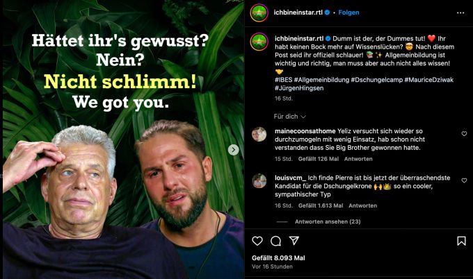 Auf Instagram verteidigt RTL den Dschungelkandidaten Maurice Dziwak nach der Auseinandersetzung mit Jürgen Hingsen. maurice dziwak
