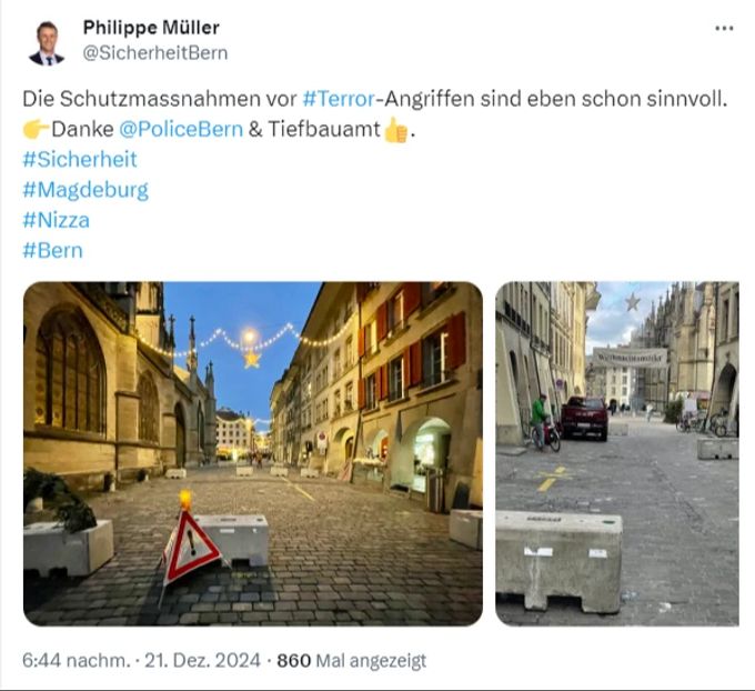 Philippe Müller, Sicherheitsdirektor des Kantons Bern, lobt die Polizei für die Schutzmassnahmen vor Terror-Angriffen am Weihnachtsmarkt. Philippe Müller