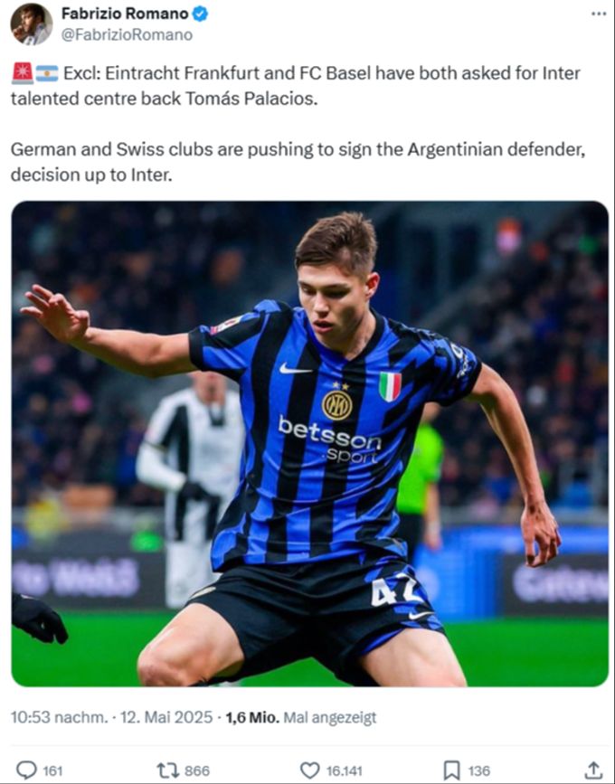 Der FCB soll an Tomás Palacios von Inter Mailand interessiert sein. fc basel