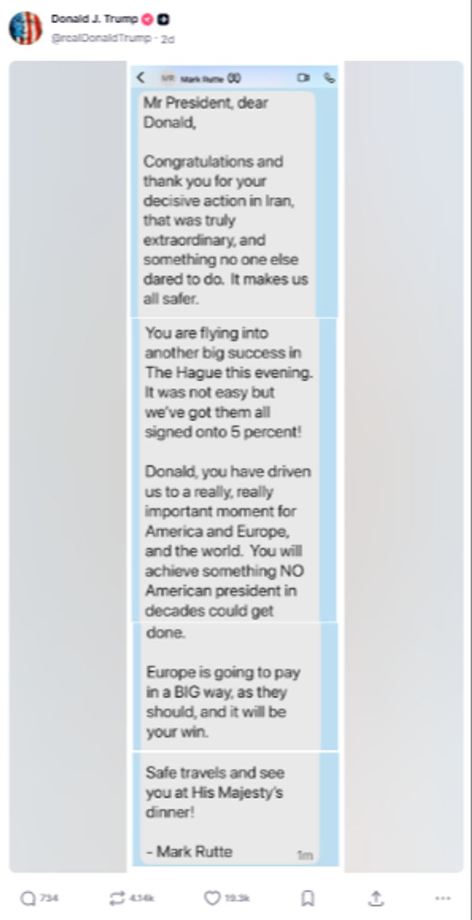 Die eigentlich private Nachricht von Rutte an Trump. Der US-Präsident hat einen Screenshot der Nachricht auf Truth Social gepostet. trump rutte