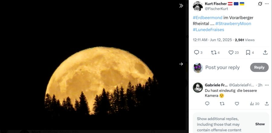 So sah der Erdbeermond im Vorarlberger Rheintal in Österreich aus.