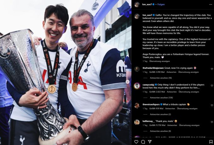 Heung-min Son verabschiedet sich mit rührenden Worten von Ange Postecoglou, der Tottenham Hotspur verlassen muss. Tottenham Hotspur
