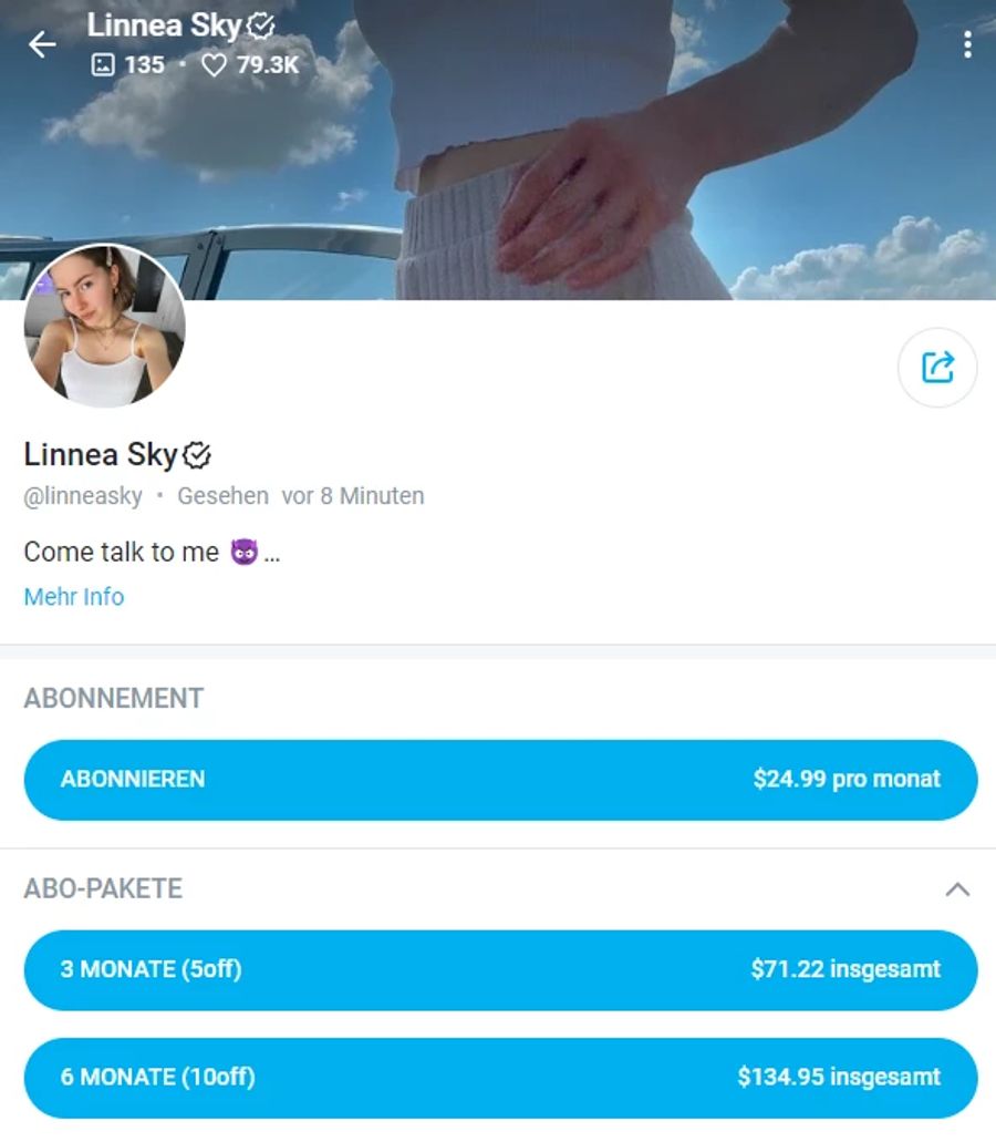 Auch die deutsche Influencerin Linnea Sky prahlt auf Tiktok mit ihren hohen Onlyfans-Einnahmen.