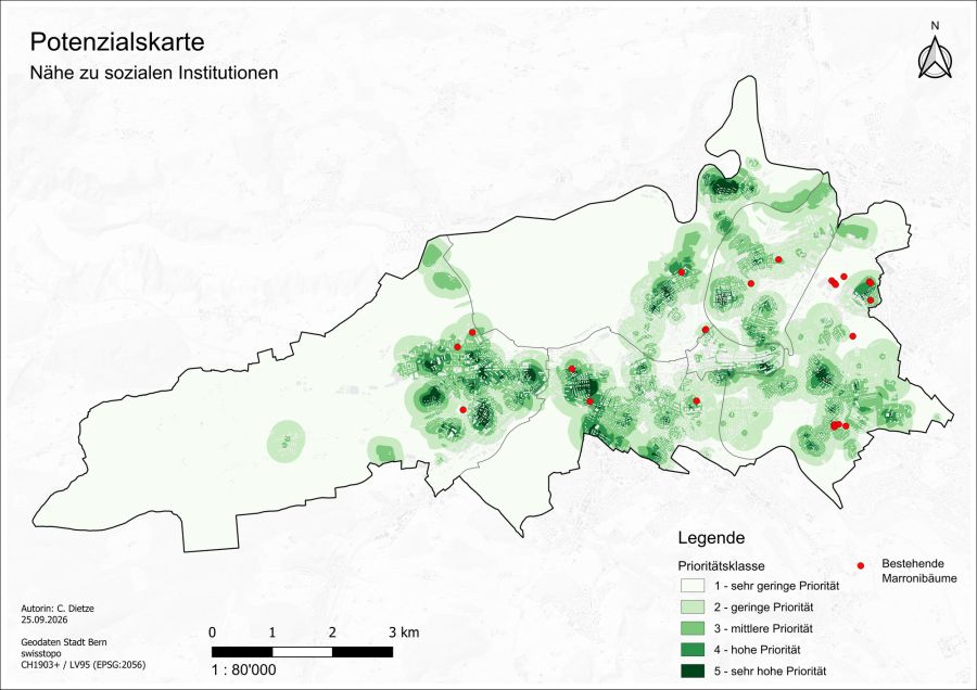 Die bestehenden und die potenziellen künftigen Standorte von Marronibäumen auf dem Gebiet der Stadt Bern.