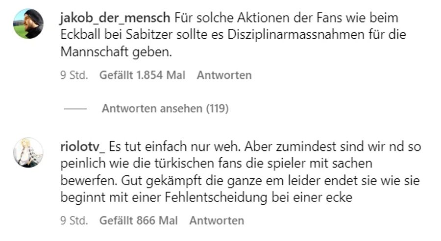 Viele Fans kritisieren auch das Verhalten der türkischen Fans. Marcel Sabitzer wurde von einer Münze getroffen.