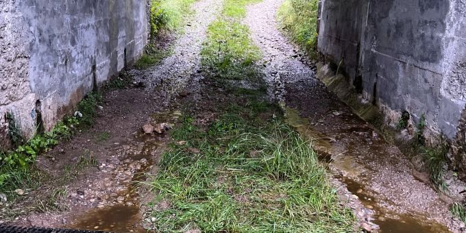 Necker SG - Regen spült Jauche von Wiese auf Vorplatz