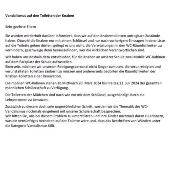 Die Schulleitung erklärte ihr Vorgehen in einem Elternbrief. elternbrief