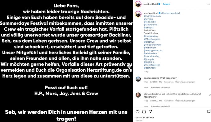 Die Band Scooter rund um H.P. Baxxter trauert um ein Crew-Mitglied. Scooter