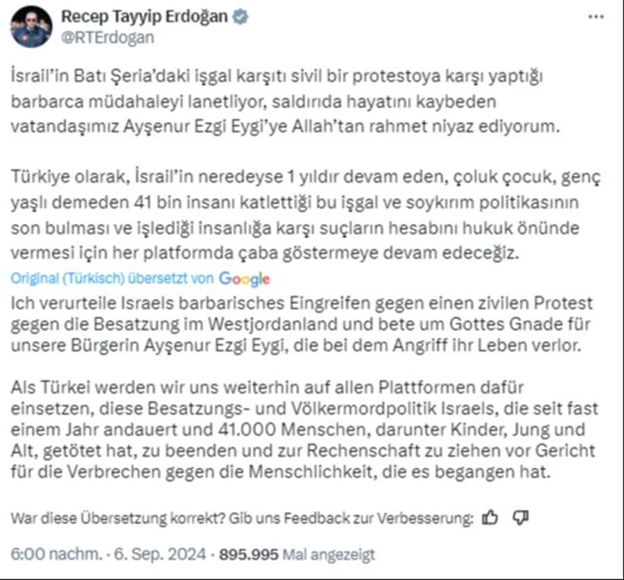 Aktivistin Westjordanland Erdogan Statement