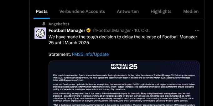 Der Release des beliebten Klassikers Football manager 2025 wird auf Frühjahr 2025 verschoben. Football Manager 2025
