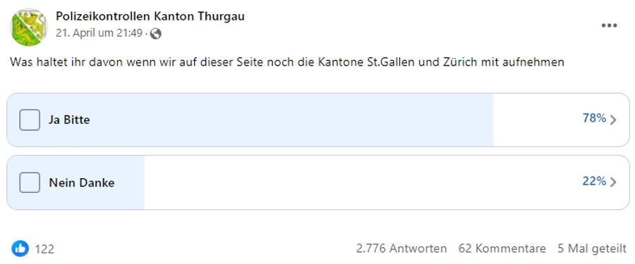 Die Facebook-Seite «Polizeikontrollen Kanton Thurgau» warnt neu auch vor Blitzern in den Kantonen St. Gallen und Zürich.