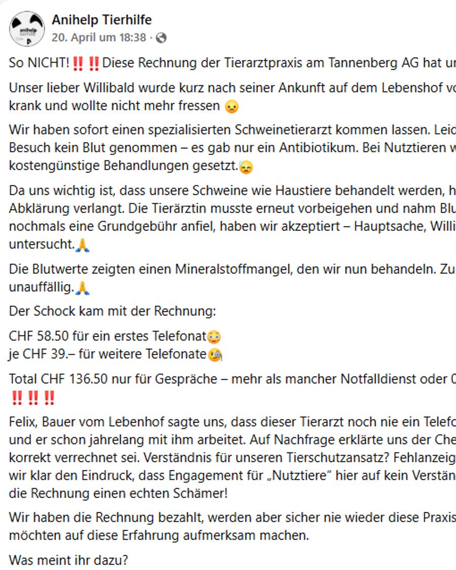 Auf Facebook ärgert sich der Verein Anihelp über die hohen Telefonkosten der Praxis.