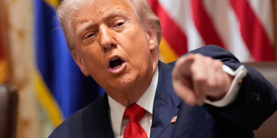 ARCHIV - US-Präsident Donald Trump beantwortet Fragen von Reportern während eines Treffens mit dem argentinischen Präsidenten Milei im Kabinettssaal des Weißen Hauses. Foto: Alex Br...