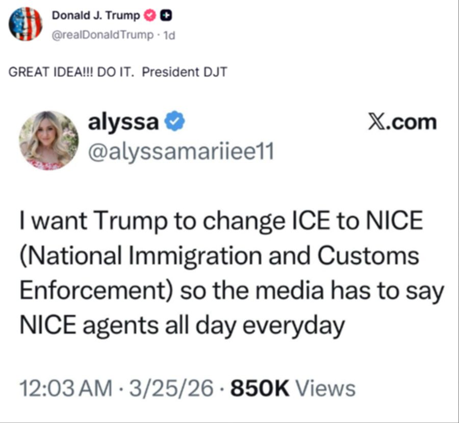 Donald Trump gefällt die Idee der konservativen Influencerin Alyssa Marie, die Behörde ICE in NICE umzubenennen.