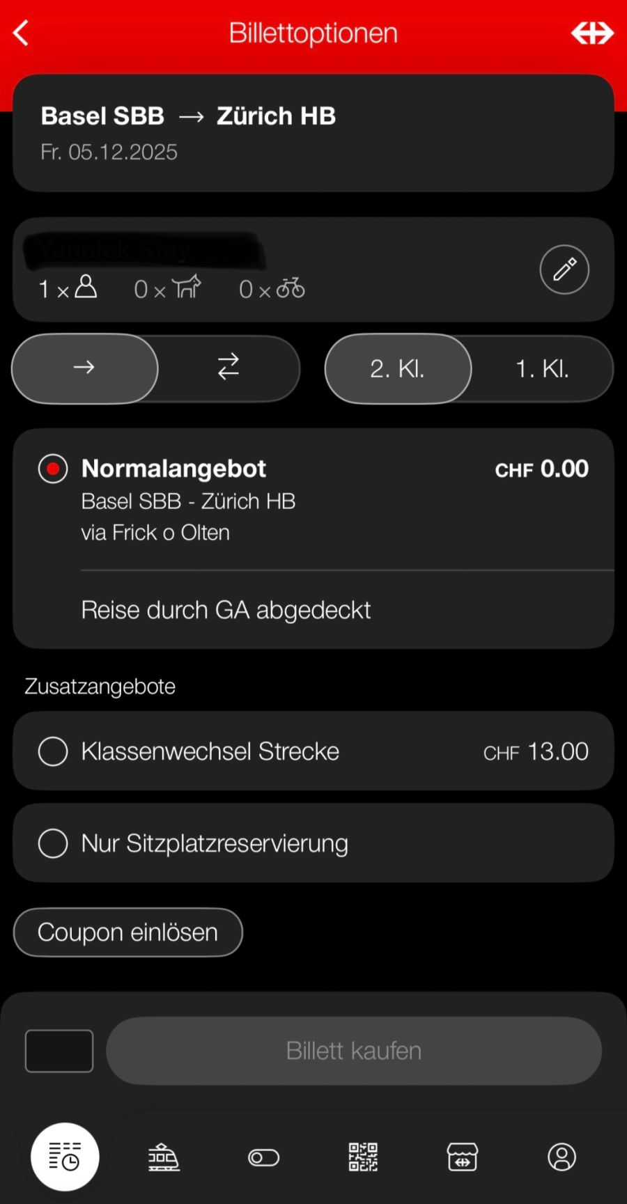 Bei einer Fahrt von Basel nach Zürich stellt die App klar: Ein Billett braucht jemand mit GA logischerweise nicht.