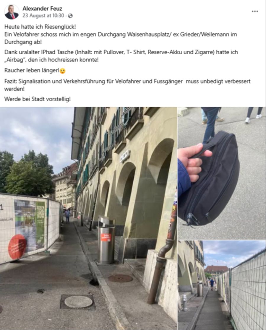 In dem Post kündigt Feuz an, bei der Stadt «vorstellig» zu werden.