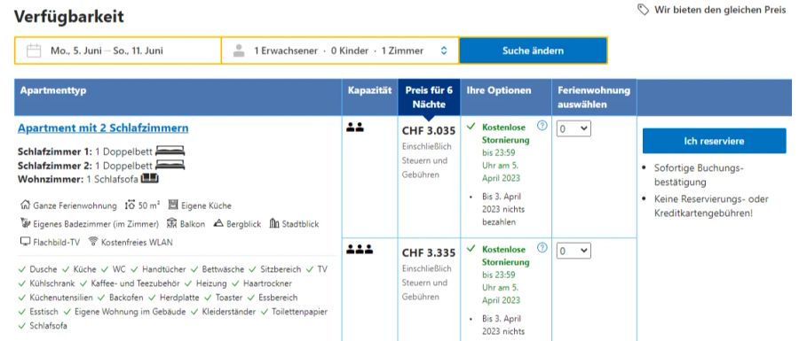 Zum Vergleich: Für das gleiche Apartment zahlt man vom 5. bis 11. Juni noch 3035 Franken,