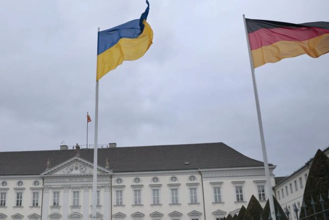 Europa Flagge, ukrainische Flagge und deutsche Flagge