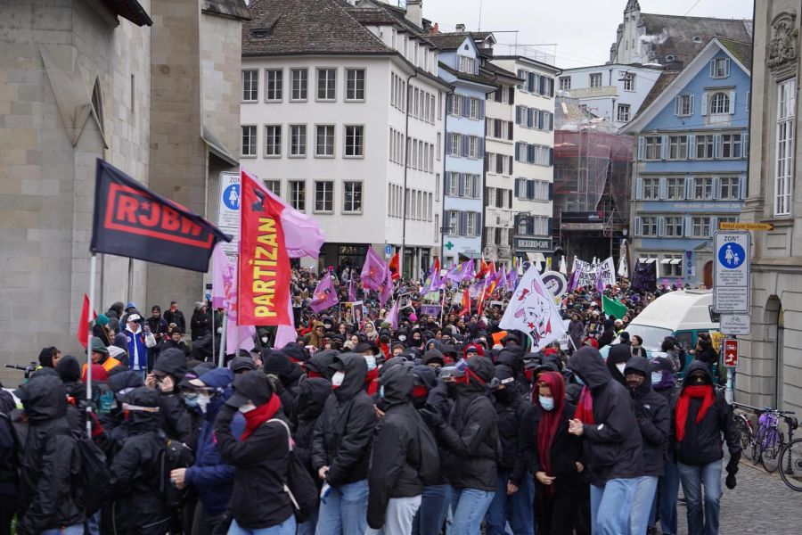 Mehrere Teilnehmende sind vermummt und tragen Corona-Masken.