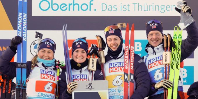 Norwegen holt an der Biathlon-WM im deutschen Oberhof in der Mixed-Staffel Gold. biathlon wm