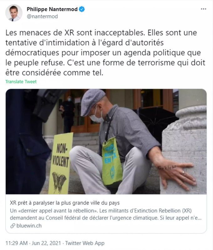 Philippe Nantermod, Walliser FDP-Nationalrat und Mitglied des Vize-Präsidiums der nationalen Partei, findet die «Drohungen von XR inakzeptabel». Sie seien ein «Versuch der Einschüchterung von demokratischen Behörden, um eine politische Agenda zu erzwingen», welche das Volk ablehne. Philippe Nantermod FDP XR