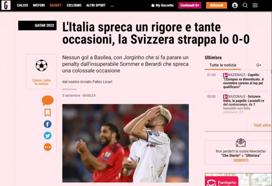 «Italien vergab einen Elfmeter und viele Chancen, die Schweiz holt das 0:0», schreibt die «Gazetta dello Sport».