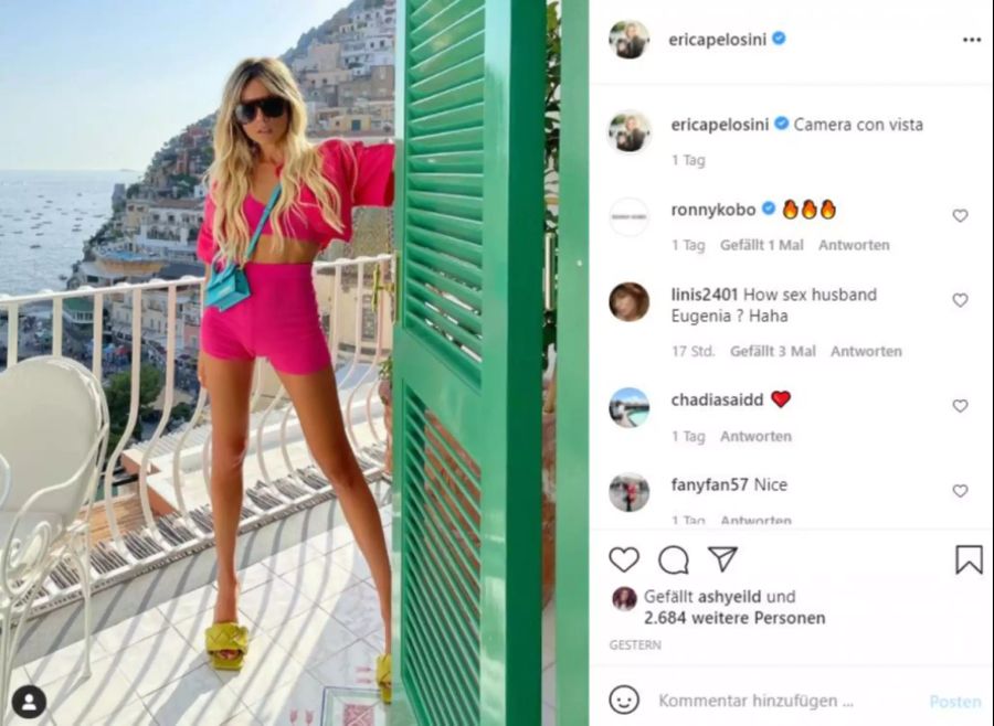 Das italienische Model Erica Pelosini zeigte sich auf dem Trip mit dem Eugenie-Ehemann mehrere Male oben ohne.