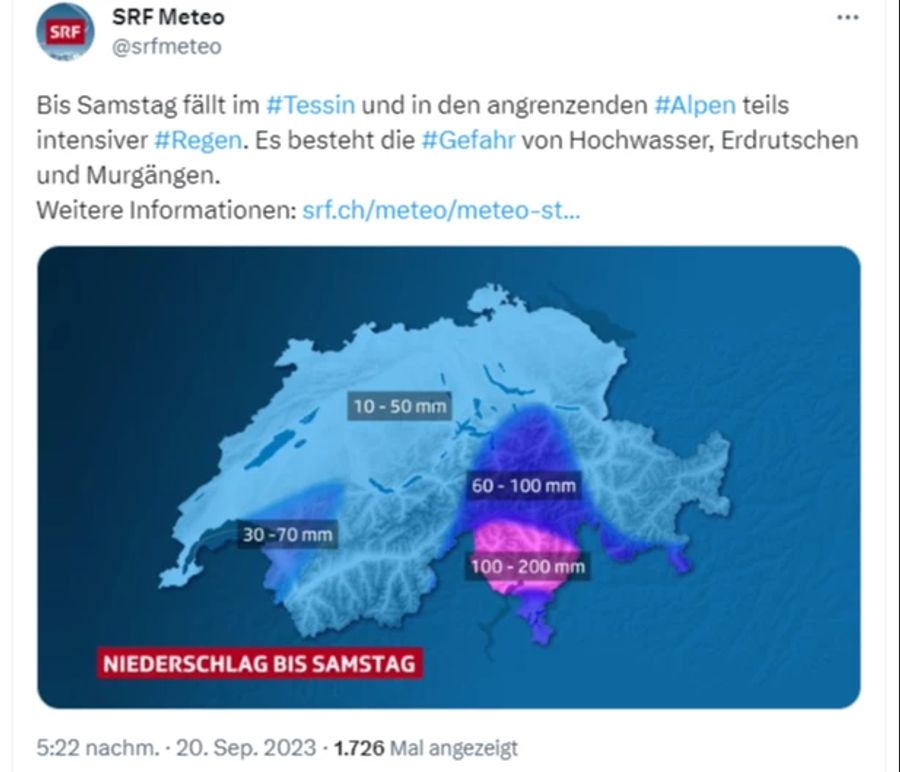 SRF Meteo warnt vor Erdrutschen, Hochwasser und Murgängen.