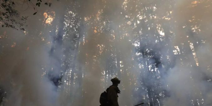 Ein Feuerwehrmann geht am Rande eines Gegenfeuers, welches die Brände in einem Waldgebiet unter Kontrolle bringen soll. Foto: Shmuel Thler/The Santa Cruz Sentinel/dpa Ein Feuerwehrmann geht am Rande eines Gegenfeuers, welches die Brände in einem Waldgebiet unter Kontrolle bringen soll. Foto: Shmuel Thler/The Santa Cruz Sentinel/dpa
