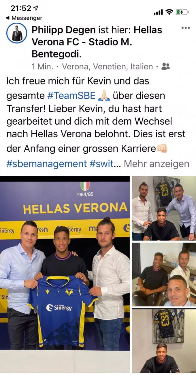 Die beiden Berater Philipp Degen (l.) und Baykal Bellusci (r.) freuen sich mit Kevin Rüegg über den Wechsel zu Hellas Verona. Kevin Rüegg