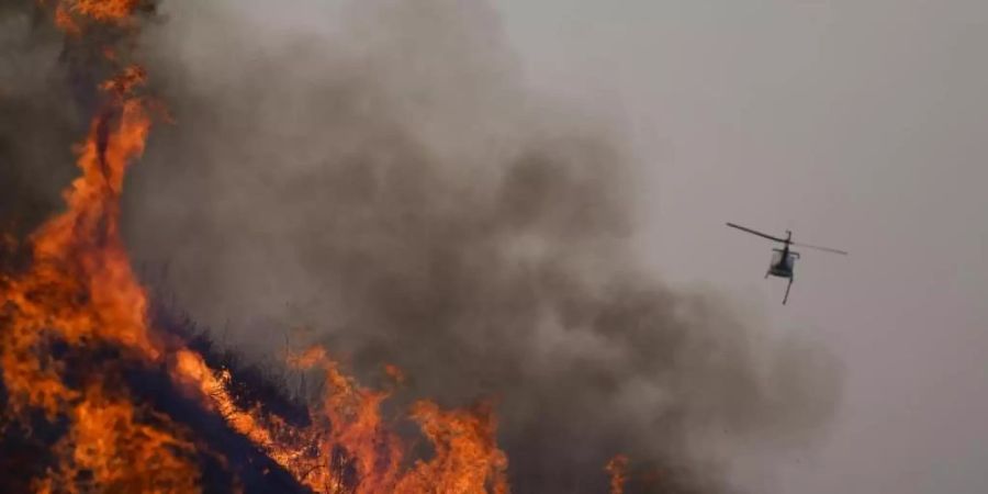 Ein Lösch-Hubschrauber kämpft gegen die Flammen der Waldbrände in Kalifornien. Foto: Jae C. Hong/AP/dpa