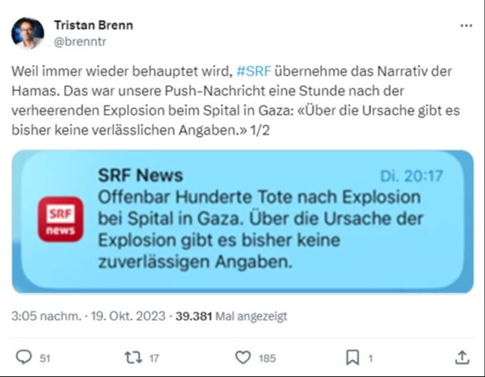 SRF-Chefredaktor Tristan Brenn zeigt mit einer Push-Nachricht, dass SRF nicht zugunsten der Hamas einseitig berichtet habe. SRF
