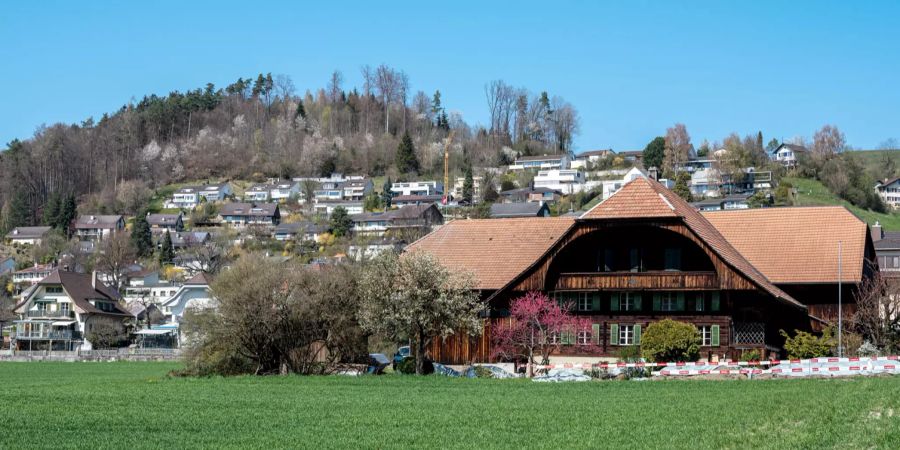 Blick auf Stettlen mit Bauernhaus.