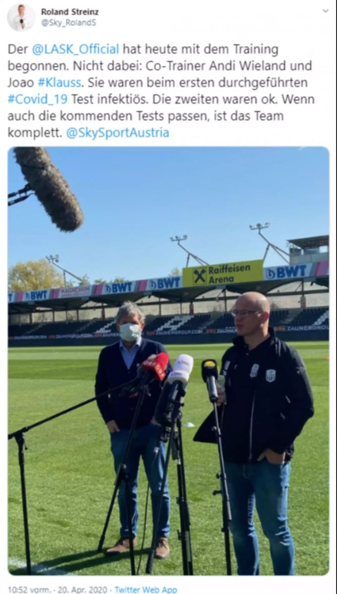 Der österreichische Journalist Roland Streinz informiert auf Twitter über das erste Training des LASK. LASK