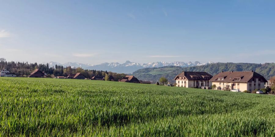 Blick auf den oberen Ortsteil von Rubigen und die Alpen.