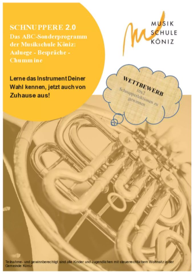 Der Flyer der Musikschule Köniz zum virtuellen Schnuppern. Musikschule Köniz