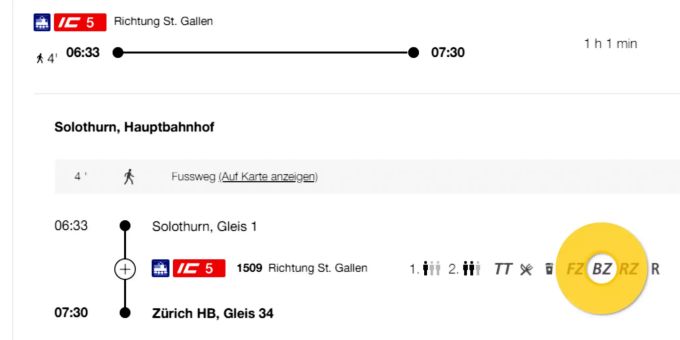 Die Büro-Zone, markiert im Online-Fahrplan der SBB. sbb