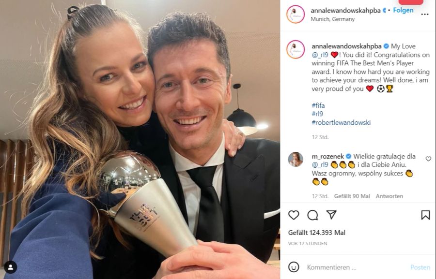 Ehefrau Anna Lewandowski gratuliert ihrem Ehemann zum Weltfussballer-Titel.